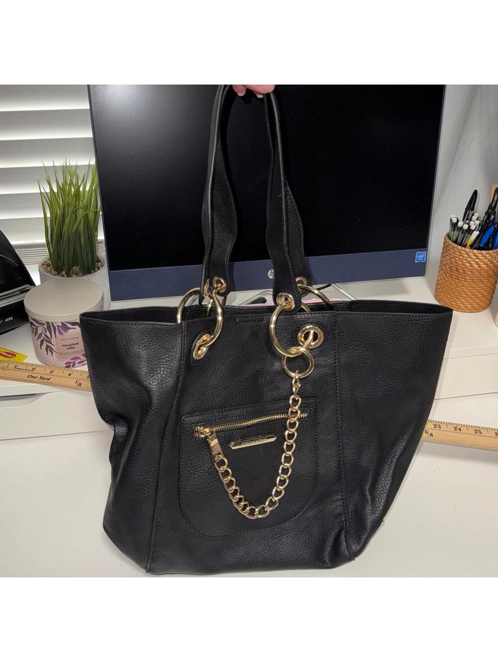 Steve Madden Bwilde black faux-leather tote bag with gold-tone chain